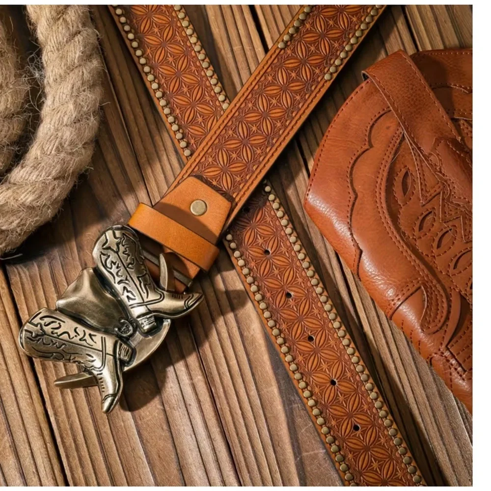 NEW ! Brown Western Double Boots vegan Belt with Buckle